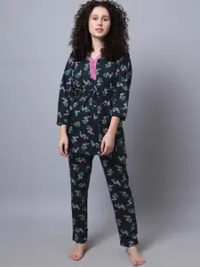 Kanvin Women Teal And Pink Floral Printed Night suit