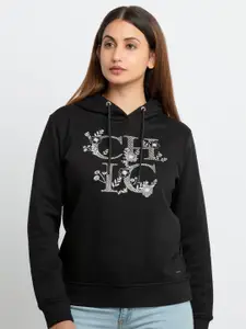 Status Quo Women Black Printed Hooded Cotton Sweatshirt