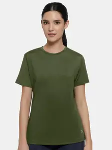 Amante Women Olive Green Drop-Shoulder Sleeves Moisture Wicking T-shirt