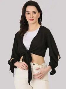 SAAKAA Women Black & White Solid Shirt Style Crop Top