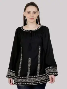 SAAKAA Women Black Embroidered Polyester Tie-Up Neck Top