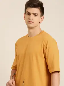 DILLINGER Men Mustard Yellow Pure Cotton Drop-Shoulder Sleeves Oversized Fit T-shirt