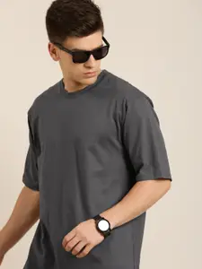 DILLINGER Men Grey Solid Pure Cotton Drop-Shoulder Sleeves Oversized Fit Oversized T-shirt