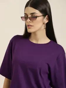 DILLINGER Women Purple Solid Pure Cotton Oversized T-shirt