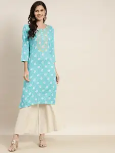 Jompers Women Turquoise Blue & Off White Floral Printed Embroidered Detail Kurta
