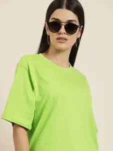 Difference of Opinion Women Green Solid Pure Cotton Oversized T-shirt