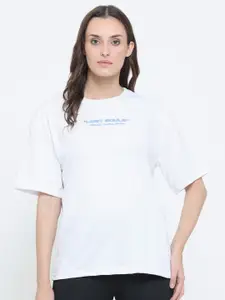 EVERDION Women White Typography Drop-Shoulder Sleeves Bio Finish Oversized T-shirt