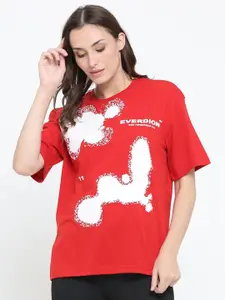 EVERDION Women Red & White Printed Drop-Shoulder Sleeves Bio Finish Oversized T-shirt
