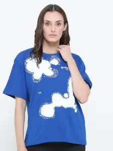 EVERDION Women Blue Printed Drop-Shoulder Sleeves Bio Finish Oversized T-shirt