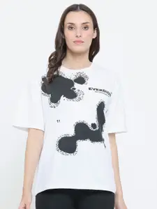 EVERDION Women White Typography Printed Extended Sleeves Bio Finish Oversized T-shirt