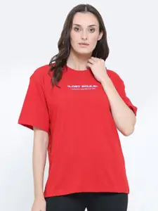 EVERDION Women Red Printed Drop-Shoulder Sleeves Bio Finish Oversized T-shirt