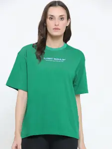 EVERDION Women Green Printed Drop-Shoulder Sleeves Bio Finish Oversized T-shirt