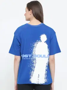 EVERDION Women Blue & White Printed Drop-Shoulder Sleeves Bio Finish Oversized T-shirt