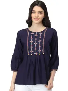 ROOPWATI FASHION Navy Blue Floral Embroidered Empire Top