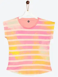 YK Girls Pink & Yellow Dyed Striped Extended Sleeves Top