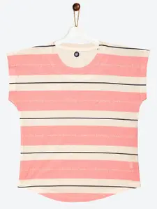 YK Girls White & Peach-Coloured Striped Extended Sleeves Top
