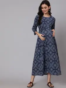 Nayo Navy Blue & White Printed Cotton Maternity A-Line Midi Dress