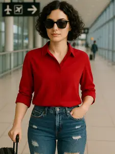 Hancock Women Red Solid Regular Fit Formal Shirt