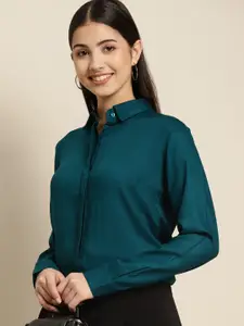 Hancock Women Turquoise Blue Solid Regular Fit Formal Shirt