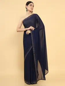 Soch Navy Blue & Gold-Toned Beads and Stones Pure Georgette Saree