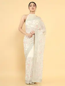 Soch Cream-Coloured & Pink Floral Embroidered Pure Georgette Saree