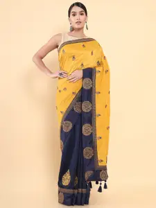 Soch Mustard & Navy Blue Woven Design Embroidered Pure Silk Tussar Saree
