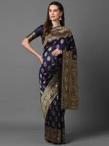 Mitera Navy Blue & Gold-Toned Floral Zari Silk Blend Banarasi Saree