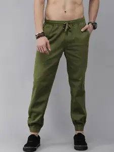 Roadster Men Green Solid Slim-Fit Pure Cotton Joggers
