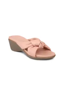 DESIGN CREW Pink Solid Bow Detailed Wedge Heels