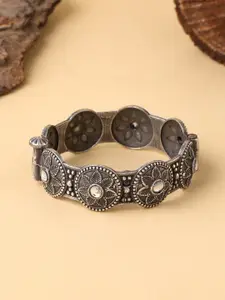 VIRAASI Women Silver-Toned Oxidized Floral Design Bangle