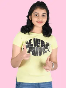 Zalio Girls Yellow Typography Printed T-shirt