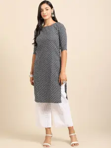 7Threads Women Black Floral Striped Crepe Kurta