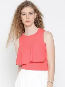 Veni Vidi Vici Women Coral Pink Solid Layered Crop Fitted Top