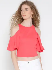 Veni Vidi Vici Women Coral Pink Solid Fitted Crop Top