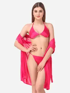 Romaisa Pink Solid Satin Above knee length Robe with Bra & Thong