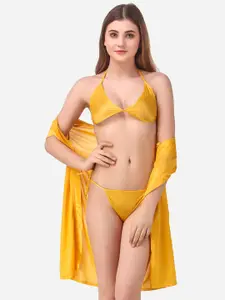 Romaisa Yellow Solid Satin Above knee length Robe with Bra & Thong