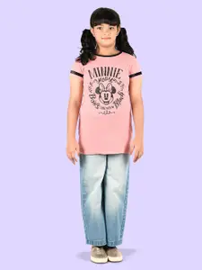 Zalio Girls Pink & Black Minnie Mouse Printed Pure Cotton T-shirt