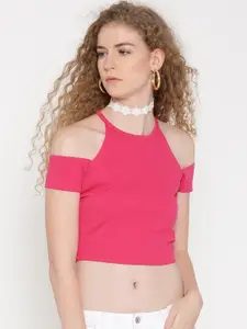 Veni Vidi Vici Women Pink Self-Design Fitted Cold Shoulder Crop Top