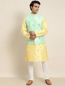 SOJANYA Men Yellow Embroidered Mirror Work Kurta with Pyjama With Nehru Jacket