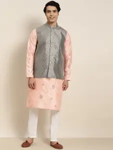 SOJANYA Men Peach-Coloured Mirror Work Kurta with Pyjamas & Nehru Jacket