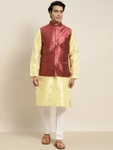 SOJANYA Men Yellow Embroidered Mirror Work Kurta with Pyjamas With Nehru Jacket