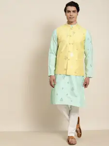 SOJANYA Men Sea Green Embroidered Mirror Work Kurta with Pyjamas With Nehru Jacket