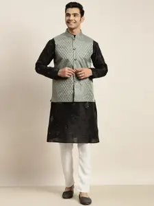 SOJANYA Men Black Mirror Work Kurta with Pyjamas & Nehru Jacket