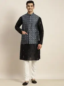 SOJANYA Men Black Mirror Work Kurta with Pyjamas & Nehru Jacket