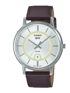 CASIO Men White Printed Dial & Brown Leather Straps Analogue Watch A2046-White