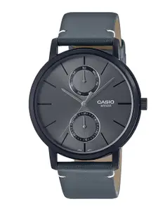 CASIO Men Grey Dial & Grey Leather Straps Analogue Watch A2061-Grey