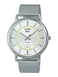 CASIO Men White Printed Dial & Silver Toned Stainless Steel  Analogue Watch A2050