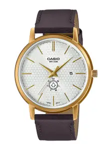 CASIO Men White Dial & Brown Leather Straps Analogue Watch A2053-White