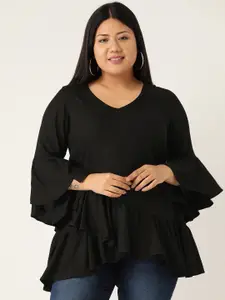 theRebelinme Women Plus Size Black Solid V-Neck A-Line Top