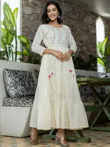KAAJH Women White Mirror Embroidered Cotton Maxi Ethnic Dress